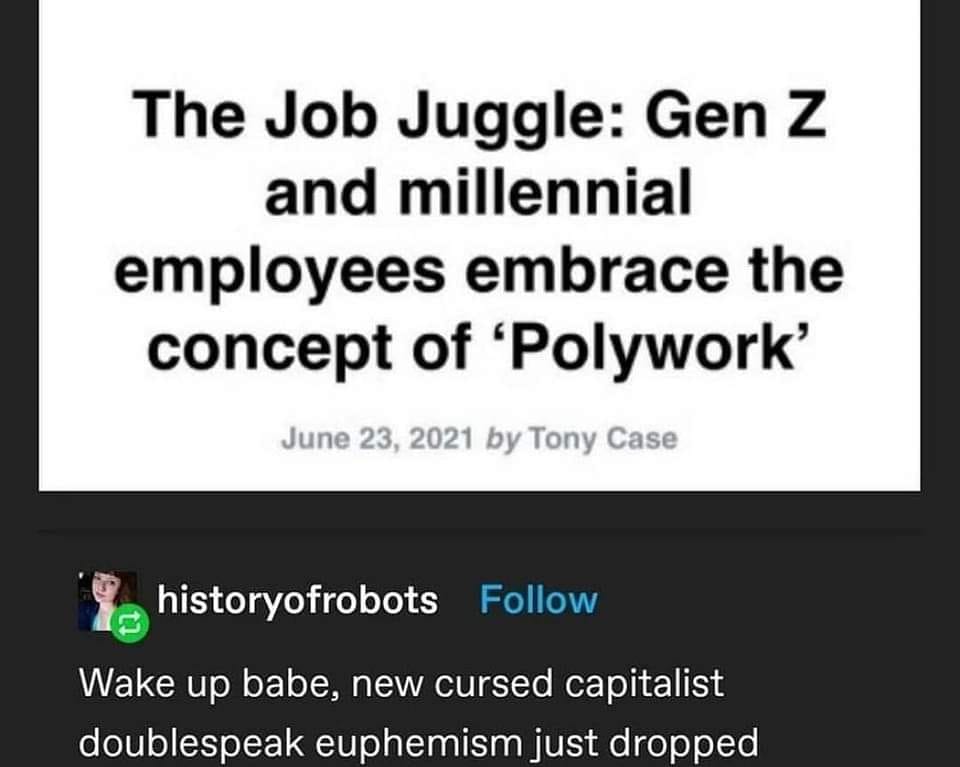 This meme is a screenshot of a Wikipedia article about "The Job" in the context of 2020s Western society. The article is titled "The Job: A 2020s Concept" and describes the job market and culture of the 2020s.
